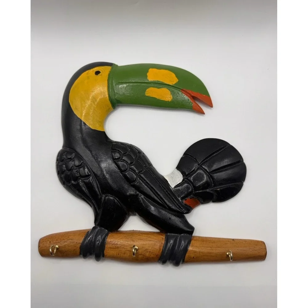Wall Hook Key Holder Pair Toucan Hand‎ Carved Wood Panama Folk Art 3 Hooks